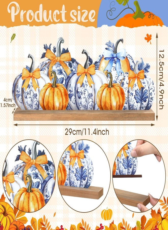 MiniInflat Fall Chinoiserie Pumpkin Metal Sign Orange and Blue Fall Decor Thanksgiving Tiered Tray Decor Freestanding Blue and White Table Centerpiece with Wood Base for Home Mantel Tabletop Shelf - Image 2